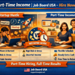 Split‑screen infographic comparing startup hustle chaos with structured part‑time income. Left side shows stressed entrepreneur; right side shows relaxed workers. Includes Job Board USA branding and CTA “Part‑Time Hiring, Full‑Time Results.”