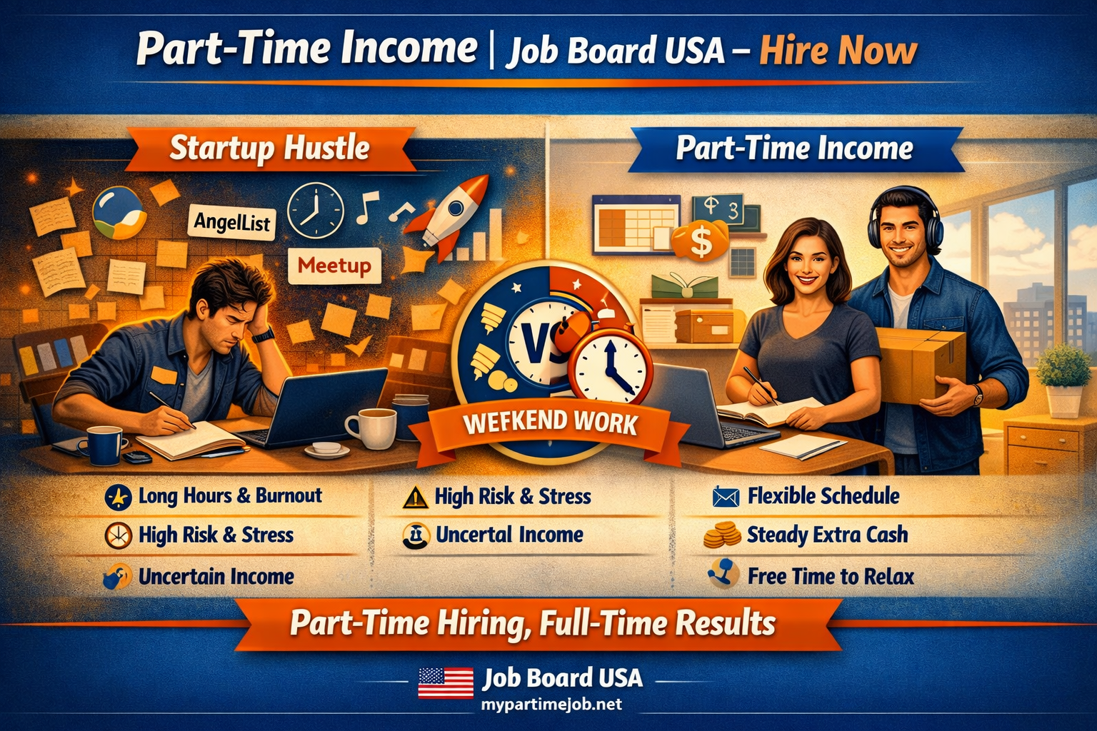 Split‑screen infographic comparing startup hustle chaos with structured part‑time income. Left side shows stressed entrepreneur; right side shows relaxed workers. Includes Job Board USA branding and CTA “Part‑Time Hiring, Full‑Time Results.”
