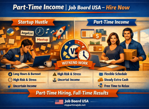 Split‑screen infographic comparing startup hustle chaos with structured part‑time income. Left side shows stressed entrepreneur; right side shows relaxed workers. Includes Job Board USA branding and CTA “Part‑Time Hiring, Full‑Time Results.”