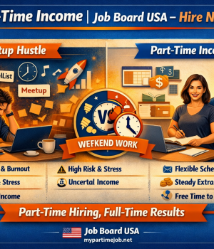 Split‑screen infographic comparing startup hustle chaos with structured part‑time income. Left side shows stressed entrepreneur; right side shows relaxed workers. Includes Job Board USA branding and CTA “Part‑Time Hiring, Full‑Time Results.”