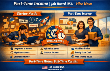 Split‑screen infographic comparing startup hustle chaos with structured part‑time income. Left side shows stressed entrepreneur; right side shows relaxed workers. Includes Job Board USA branding and CTA “Part‑Time Hiring, Full‑Time Results.”