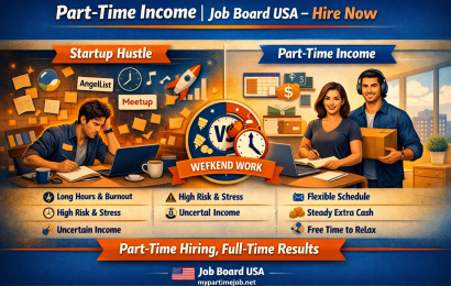 Split‑screen infographic comparing startup hustle chaos with structured part‑time income. Left side shows stressed entrepreneur; right side shows relaxed workers. Includes Job Board USA branding and CTA “Part‑Time Hiring, Full‑Time Results.”
